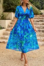 Bohemian V Neck Elastic Waisted Band Midi Dress - Image 16