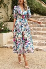 Bohemian V Neck Elastic Waisted Band Midi Dress - Image 18