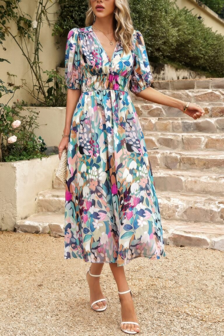 Bohemian v neck elastic waisted band midi dress - image 18
