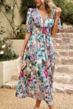 Bohemian V Neck Elastic Waisted Band Midi Dress - Image 19