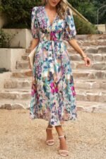 Bohemian V Neck Elastic Waisted Band Midi Dress - Image 20