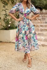 Bohemian V Neck Elastic Waisted Band Midi Dress - Image 21