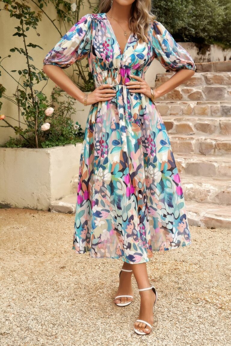 Bohemian v neck elastic waisted band midi dress - image 21