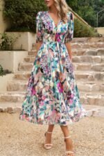Bohemian V Neck Elastic Waisted Band Midi Dress - Image 22