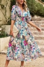 Bohemian V Neck Elastic Waisted Band Midi Dress - Image 23