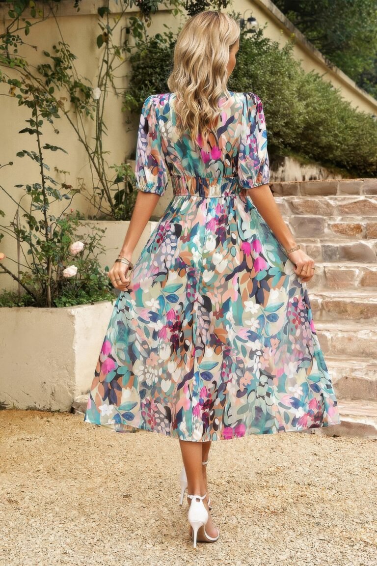 Bohemian v neck elastic waisted band midi dress - image 24