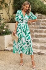 Bohemian V Neck Elastic Waisted Band Midi Dress - Image 25