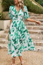 Bohemian V Neck Elastic Waisted Band Midi Dress - Image 28
