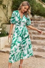Bohemian V Neck Elastic Waisted Band Midi Dress - Image 29