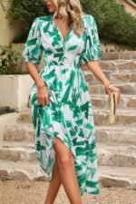 Bohemian V Neck Elastic Waisted Band Midi Dress - Image 30