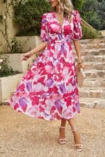Bohemian V Neck Elastic Waisted Band Midi Dress - Image 32