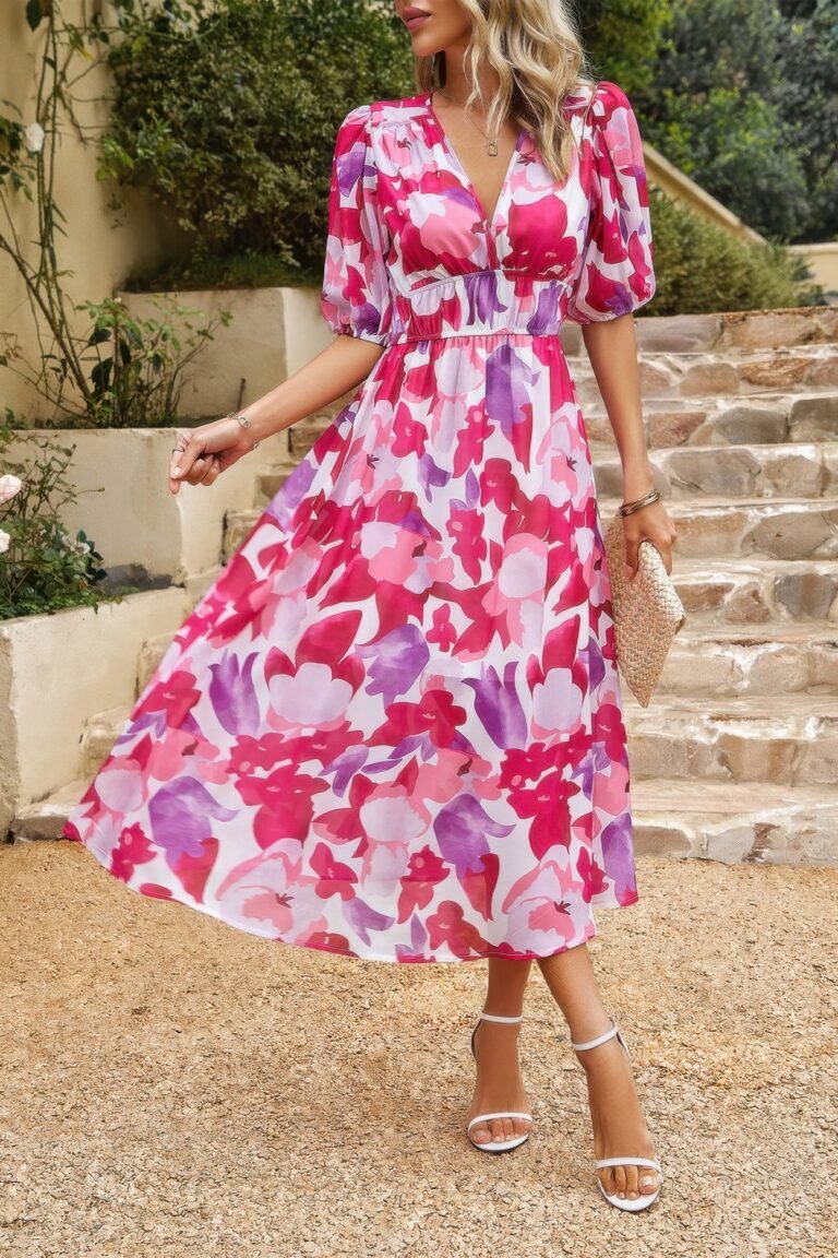 Bohemian v neck elastic waisted band midi dress - image 32