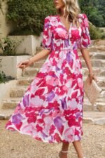 Bohemian V Neck Elastic Waisted Band Midi Dress - Image 33