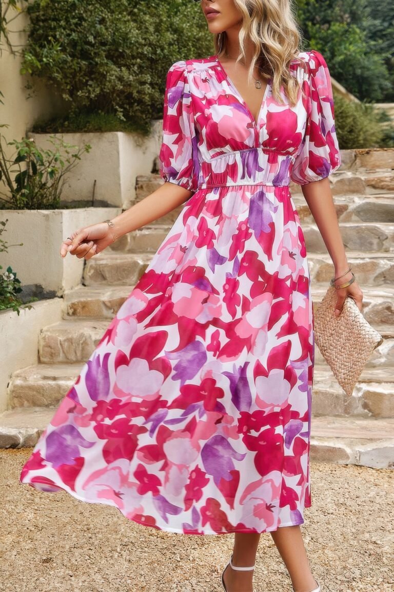Bohemian v neck elastic waisted band midi dress - image 33
