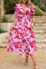 Bohemian V Neck Elastic Waisted Band Midi Dress - Image 34