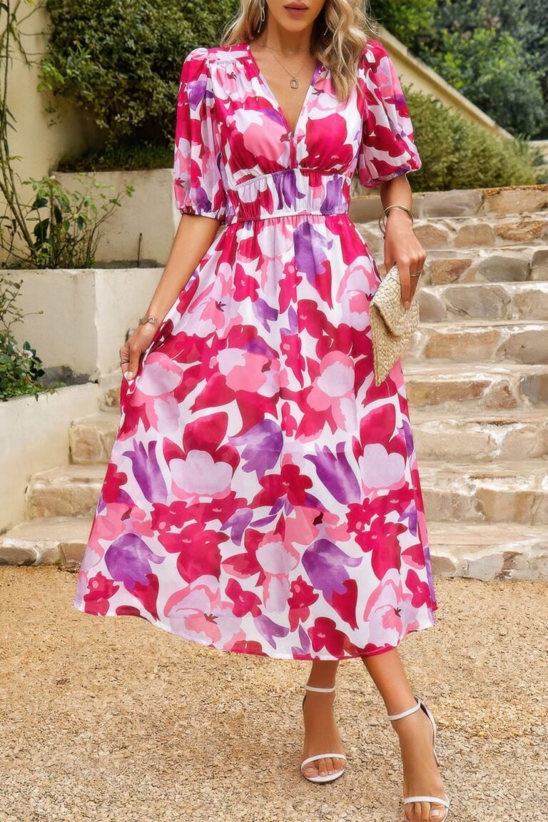 Bohemian v neck elastic waisted band midi dress - image 34