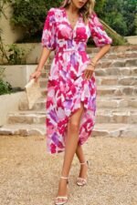 Bohemian V Neck Elastic Waisted Band Midi Dress - Image 35
