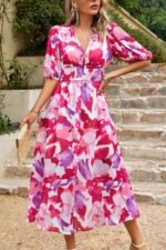 Bohemian V Neck Elastic Waisted Band Midi Dress - Image 36