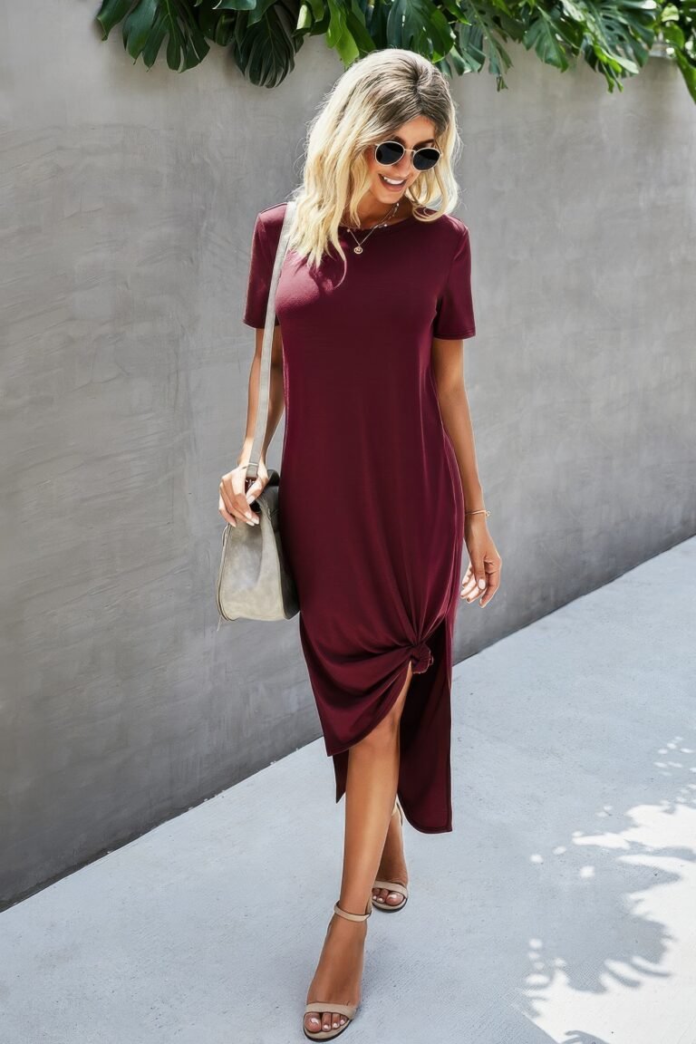 Scoop neck short sleeve side split dress