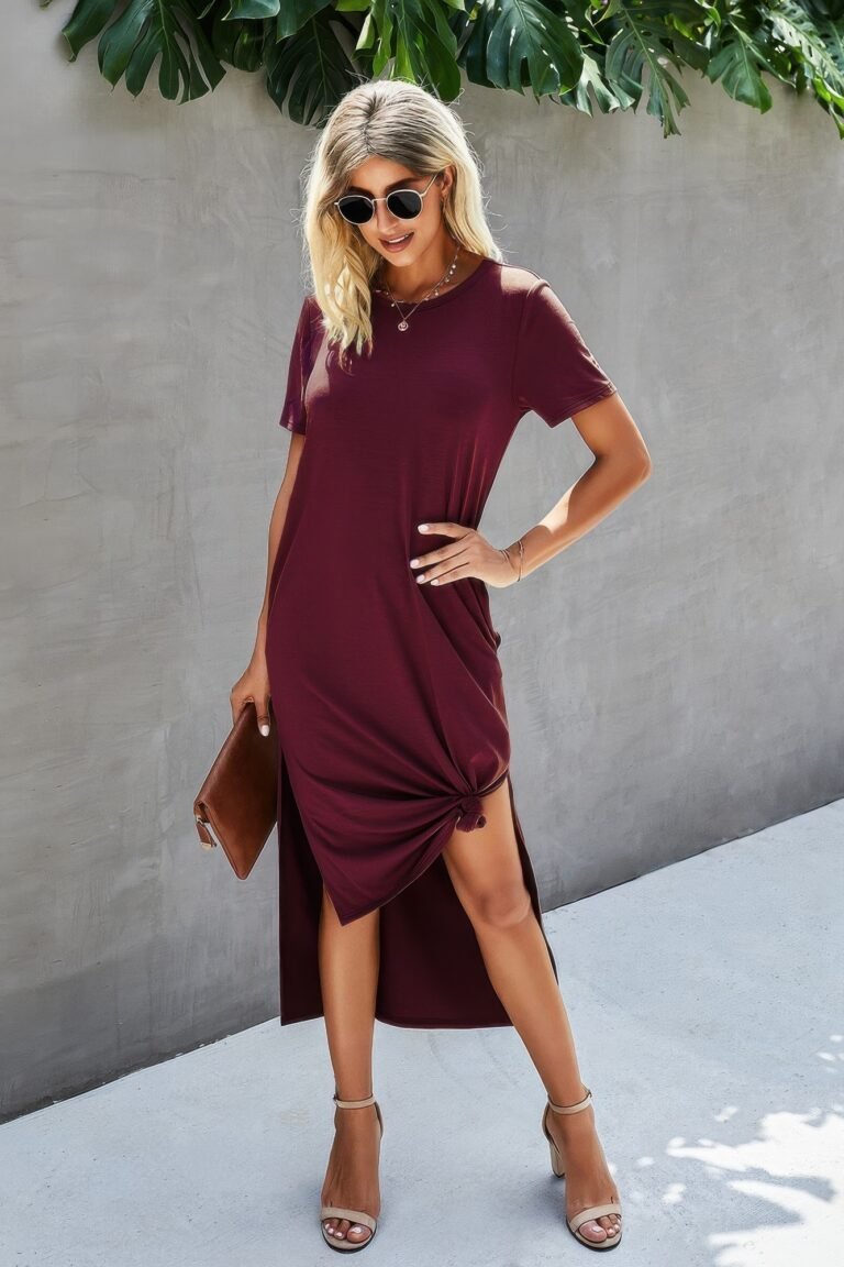 Scoop neck short sleeve side split dress