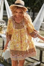 Floral V Neck Long Sleeve Boho A Line Dress - Image 2
