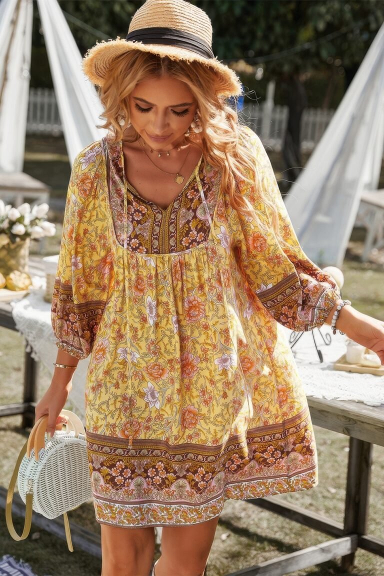 Floral v neck long sleeve boho a line dress - image 2