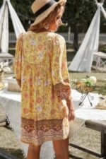 Floral V Neck Long Sleeve Boho A Line Dress - Image 3