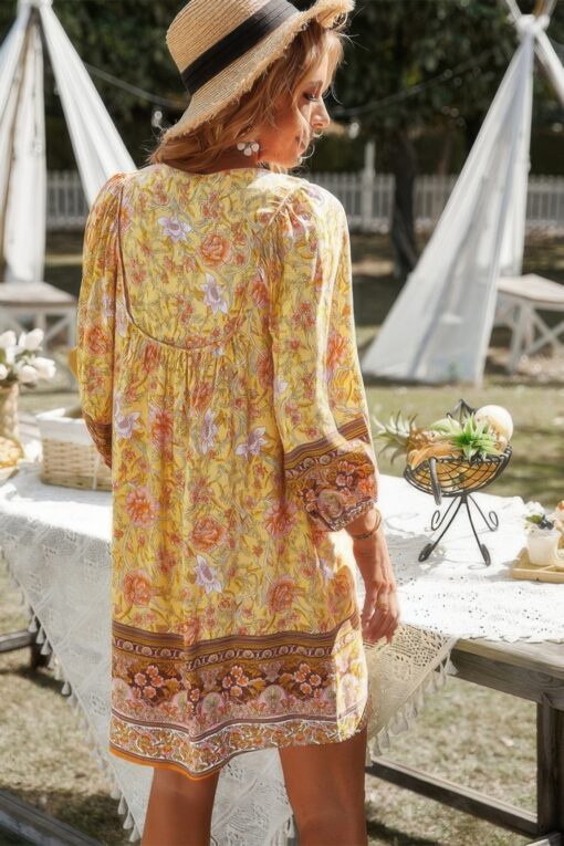 Floral V Neck Long Sleeve Boho A Line Dress - Image 3