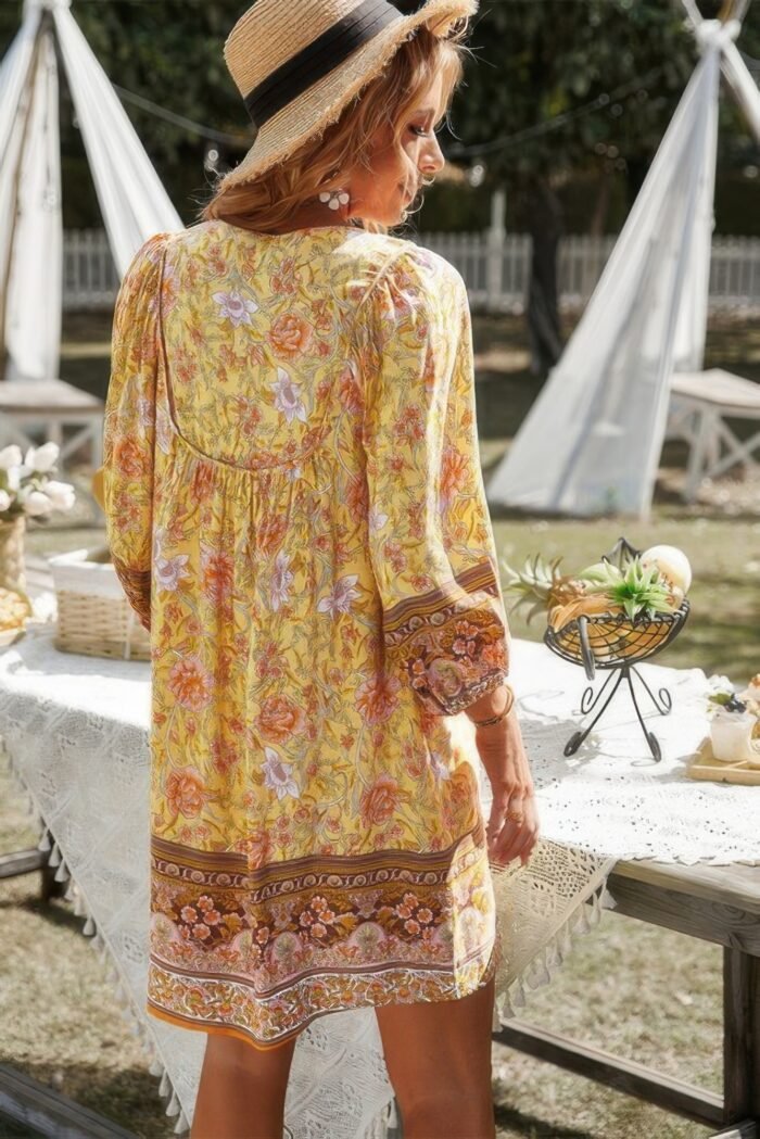 Floral V Neck Long Sleeve Boho A Line Dress - Image 3