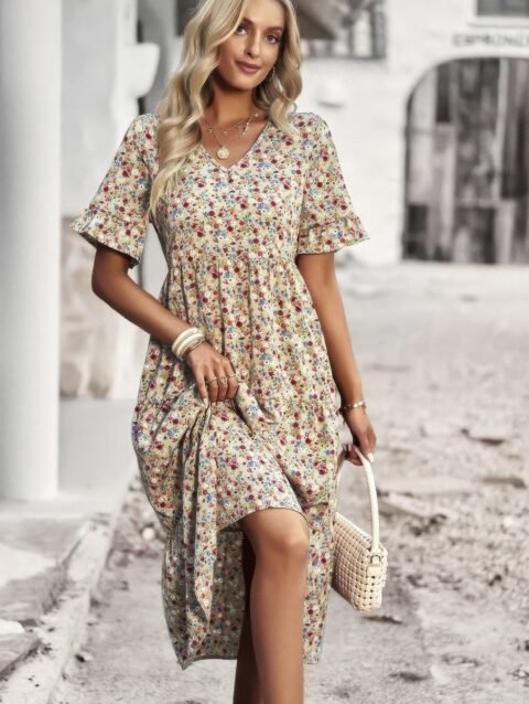 Boho floral ruffle hem v neck short sleeve dress – summer fashion USA