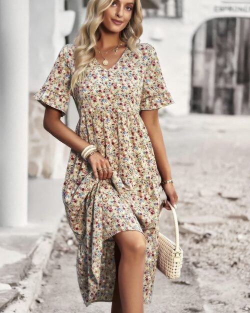 boho floral ruffle hem v neck short sleeve dress – summer fashion usa