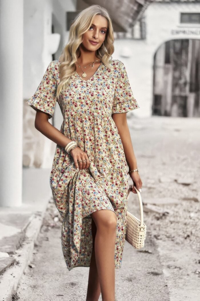 Boho floral ruffle hem v neck short sleeve dress - image 1