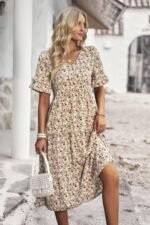 Boho Floral Ruffle Hem V Neck Short Sleeve Dress - Image 2