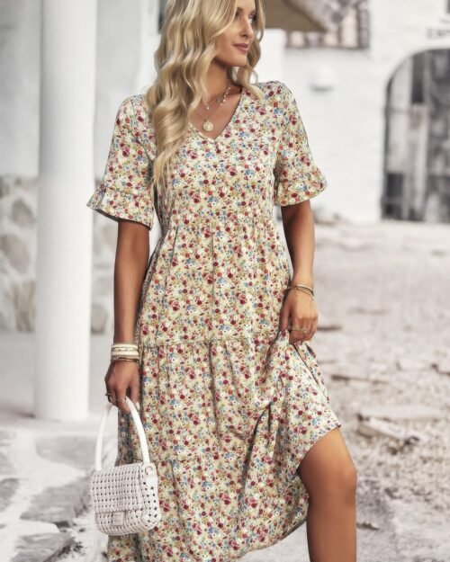 close-up of ruffle hem and floral print