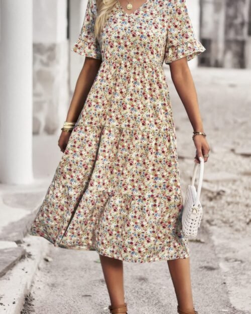 boho floral ruffle hem v neck short sleeve dress