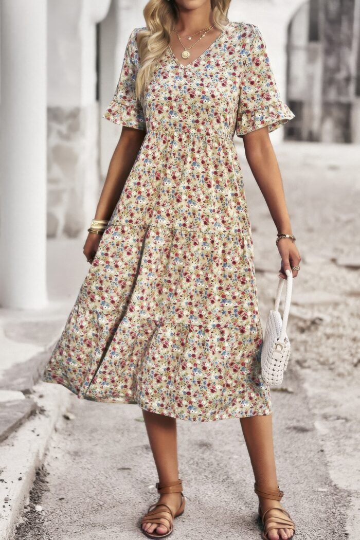 Boho floral ruffle hem v neck short sleeve dress - image 3