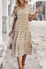 Boho Floral Ruffle Hem V Neck Short Sleeve Dress - Image 4