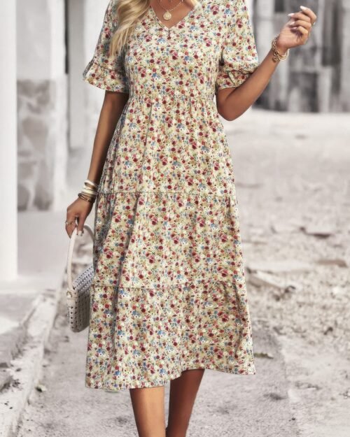 boho floral ruffle hem v neck short sleeve dress