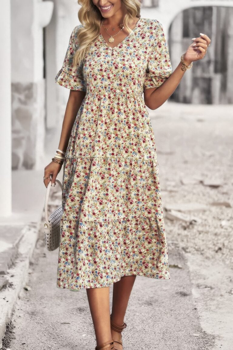 Boho floral ruffle hem v neck short sleeve dress - image 4