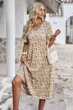 Boho Floral Ruffle Hem V Neck Short Sleeve Dress - Image 5