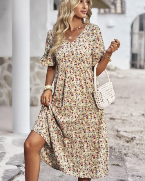 boho floral ruffle hem v neck short sleeve dress