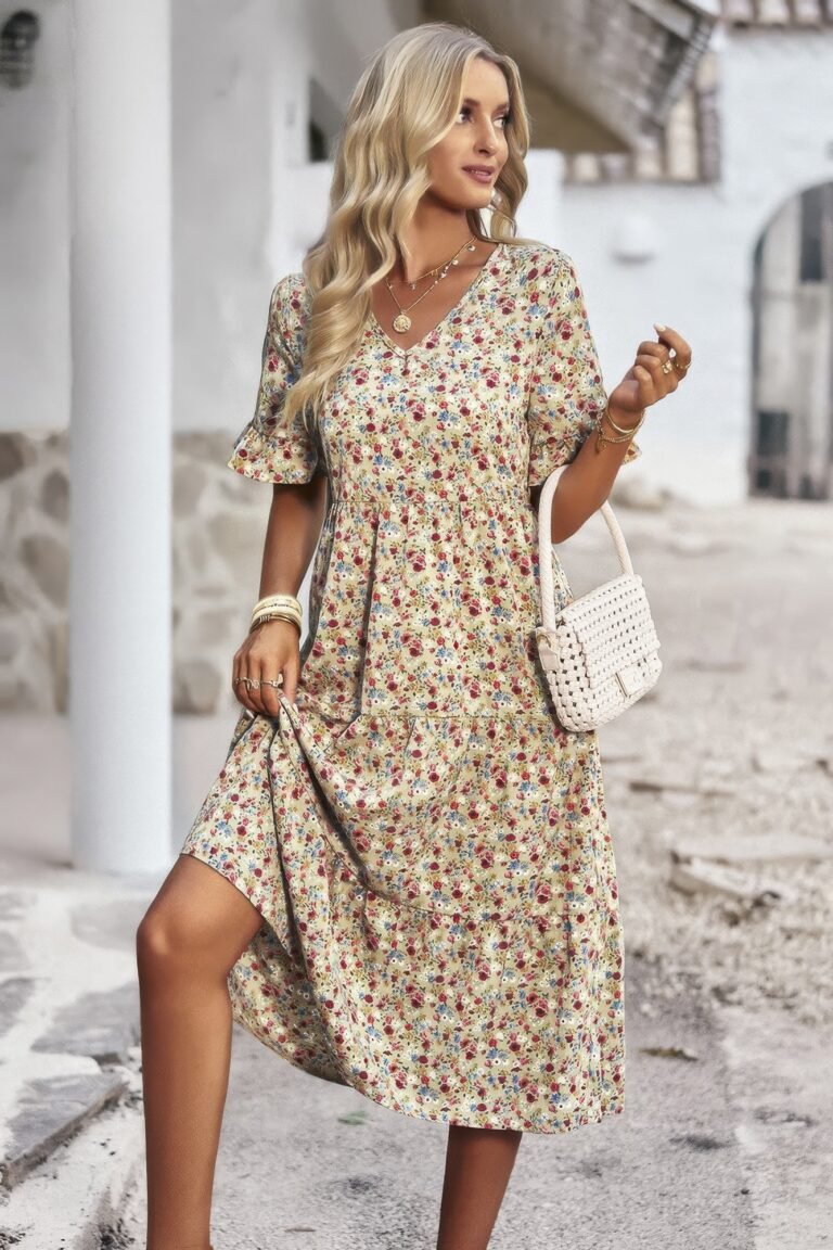 Boho floral ruffle hem v neck short sleeve dress - image 5