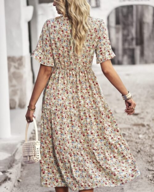 boho floral ruffle hem v neck short sleeve dress