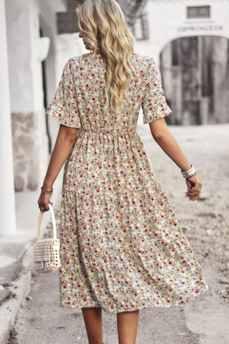 Boho floral ruffle hem v neck short sleeve dress - image 6