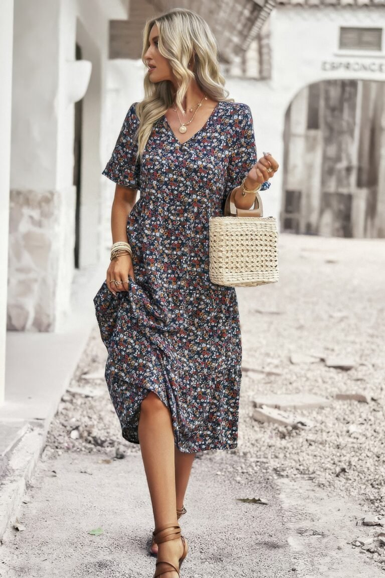 Boho floral ruffle hem v neck short sleeve dress - image 7