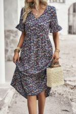 Boho Floral Ruffle Hem V Neck Short Sleeve Dress - Image 8