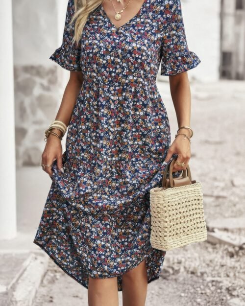 boho floral ruffle hem v neck short sleeve dress