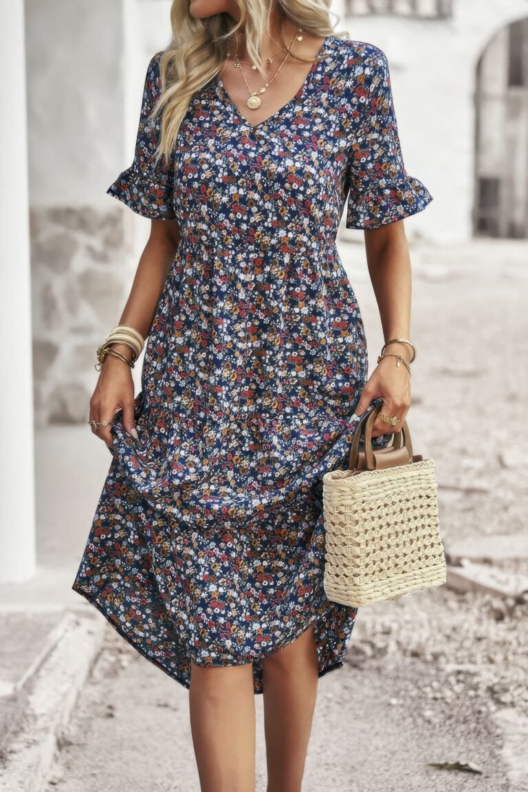 Boho floral ruffle hem v neck short sleeve dress - image 8