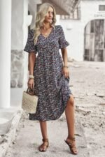 Boho Floral Ruffle Hem V Neck Short Sleeve Dress - Image 9