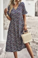 Boho Floral Ruffle Hem V Neck Short Sleeve Dress - Image 10